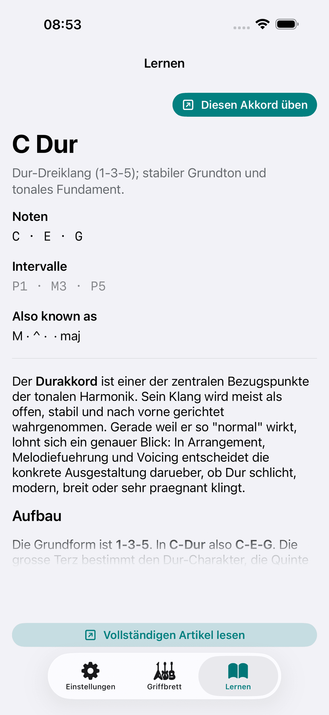 Capo-App-Screenshot: Lernen Theorie