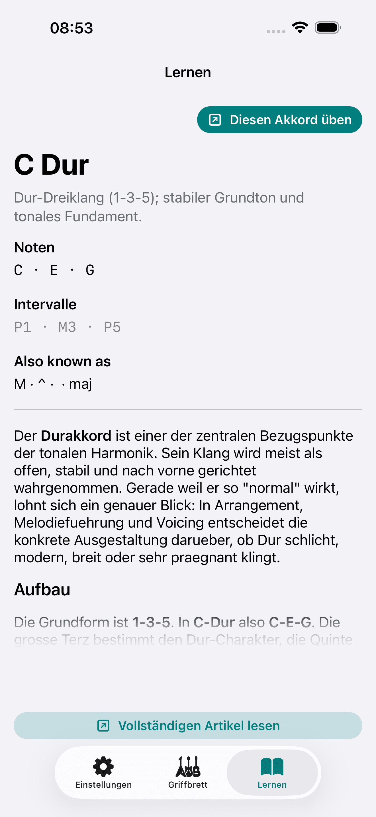 Capo-App-Screenshot: Lernen Theorie