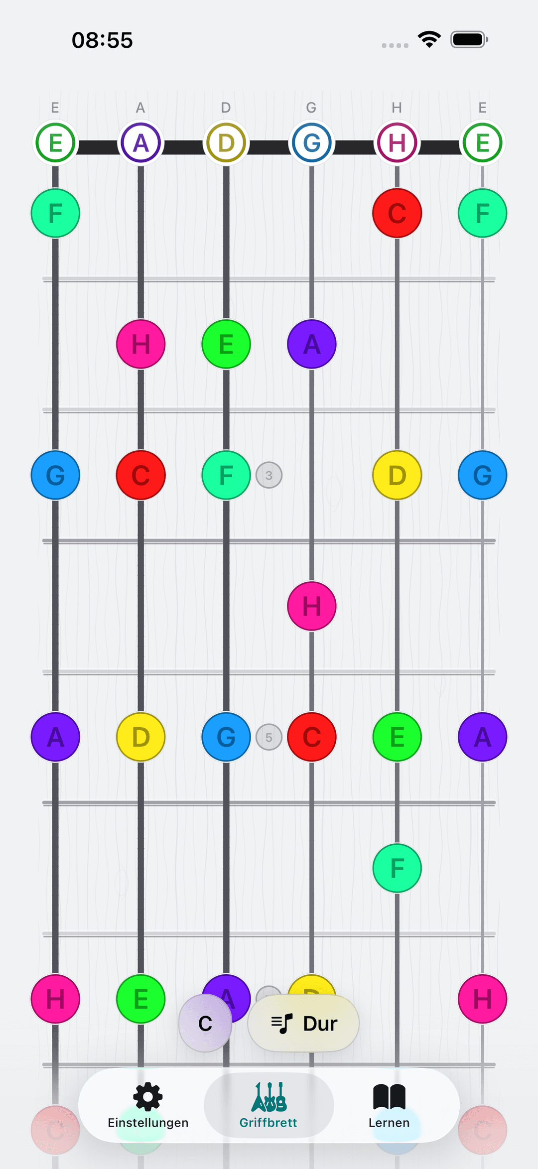 Capo-App-Screenshot: Gitarre Gesamter Hals