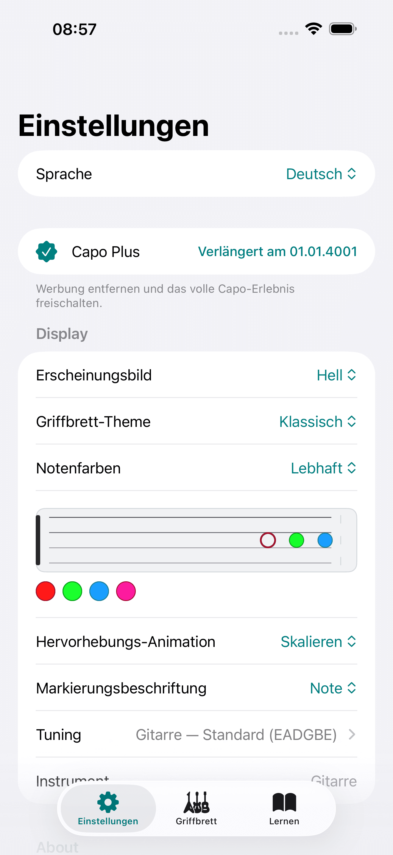 Capo-App-Screenshot: Einstellungen