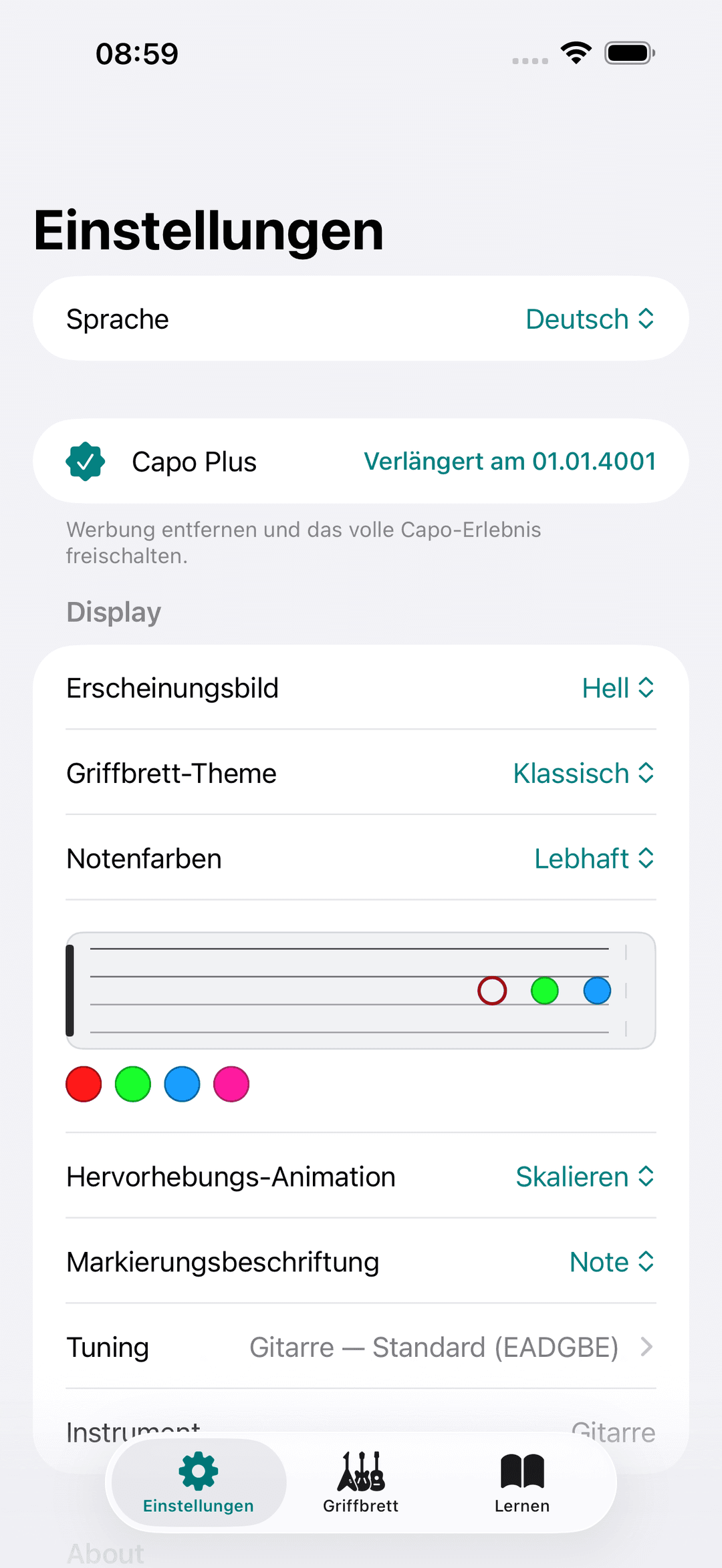 Capo-App-Screenshot: Einstellungen Display