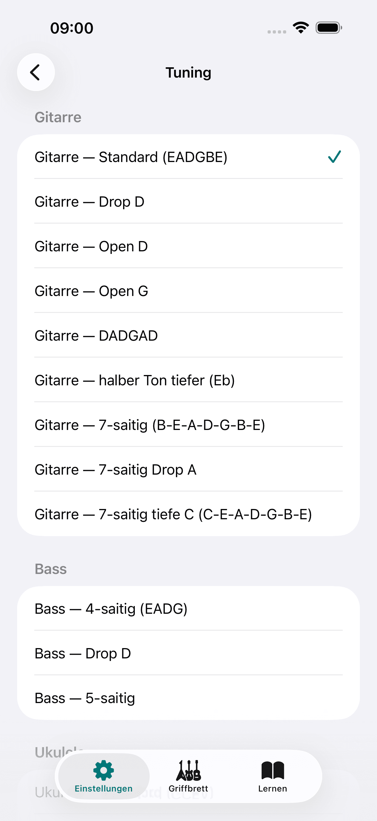 Capo-App-Screenshot: Einstellungen Tuning