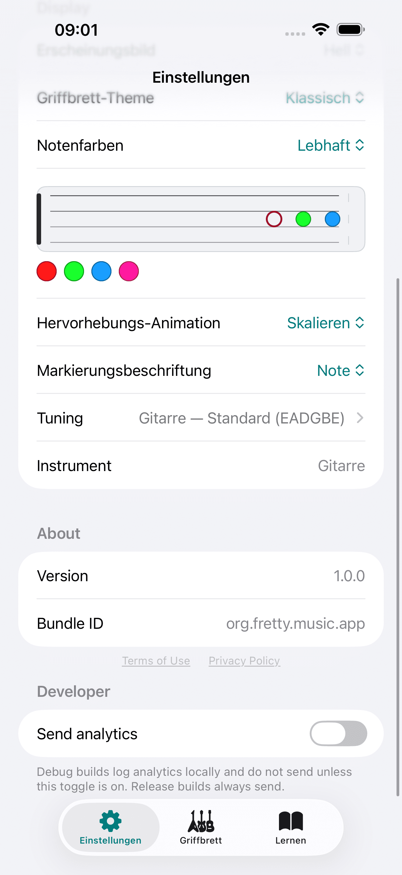 Capo-App-Screenshot: Einstellungen About