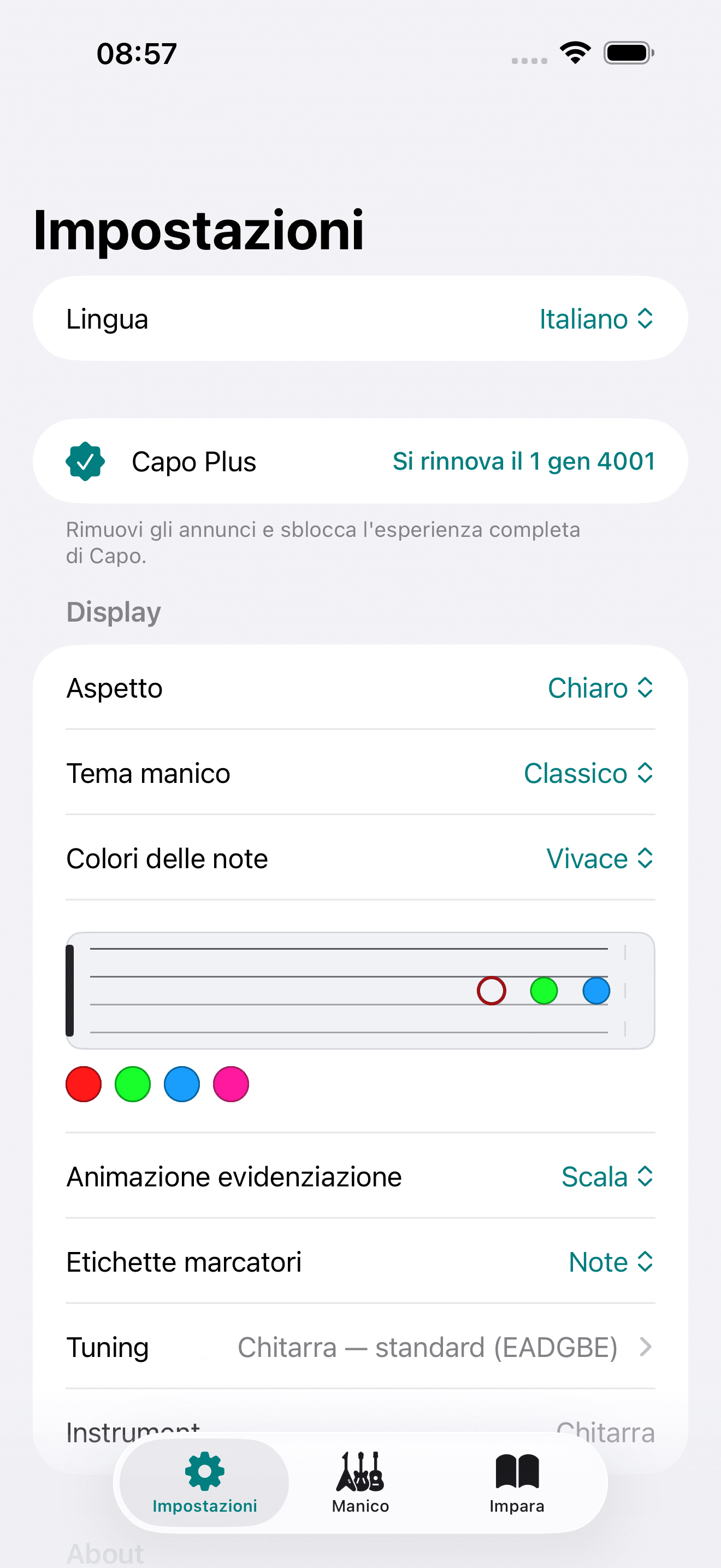 Screenshot dell'app Capo: Impostazioni