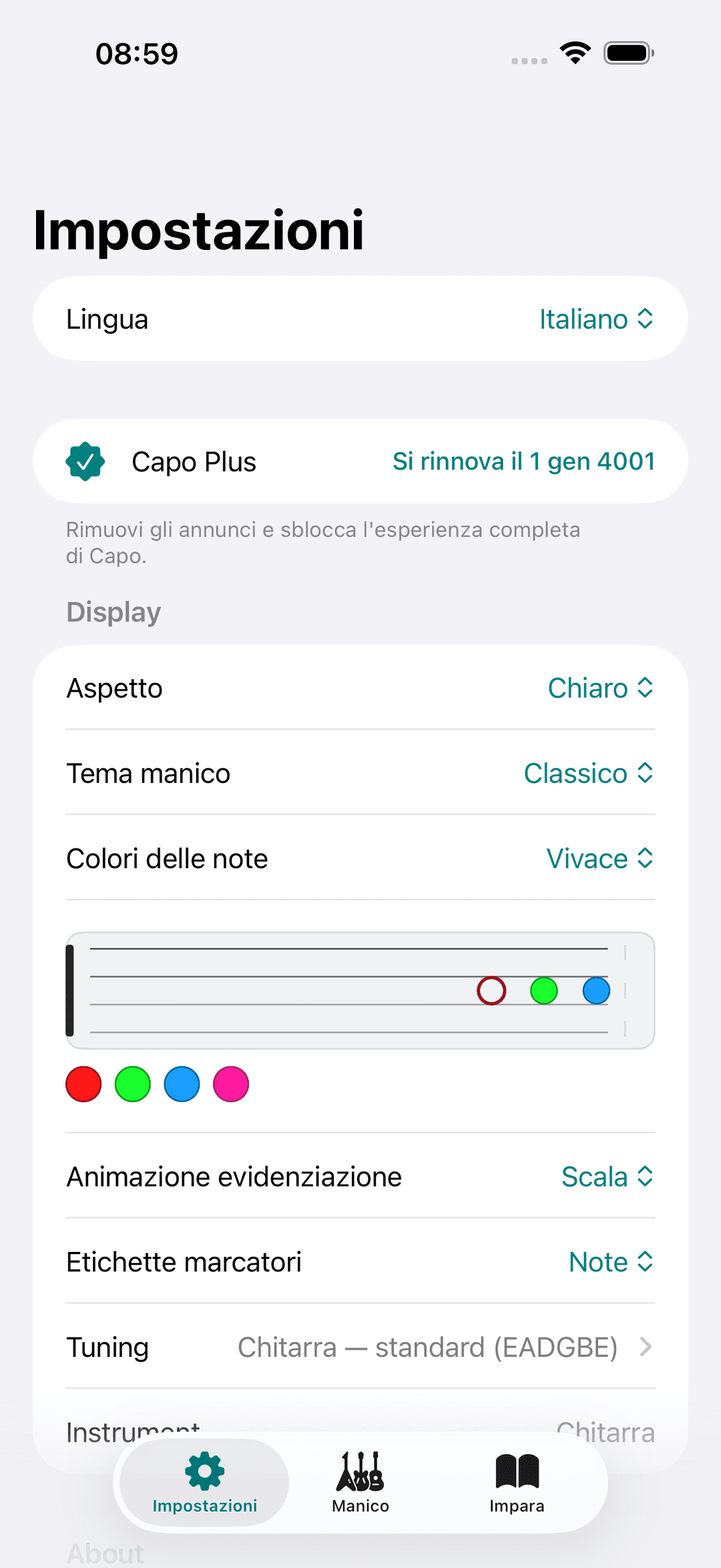 Screenshot dell'app Capo: Impostazioni Display