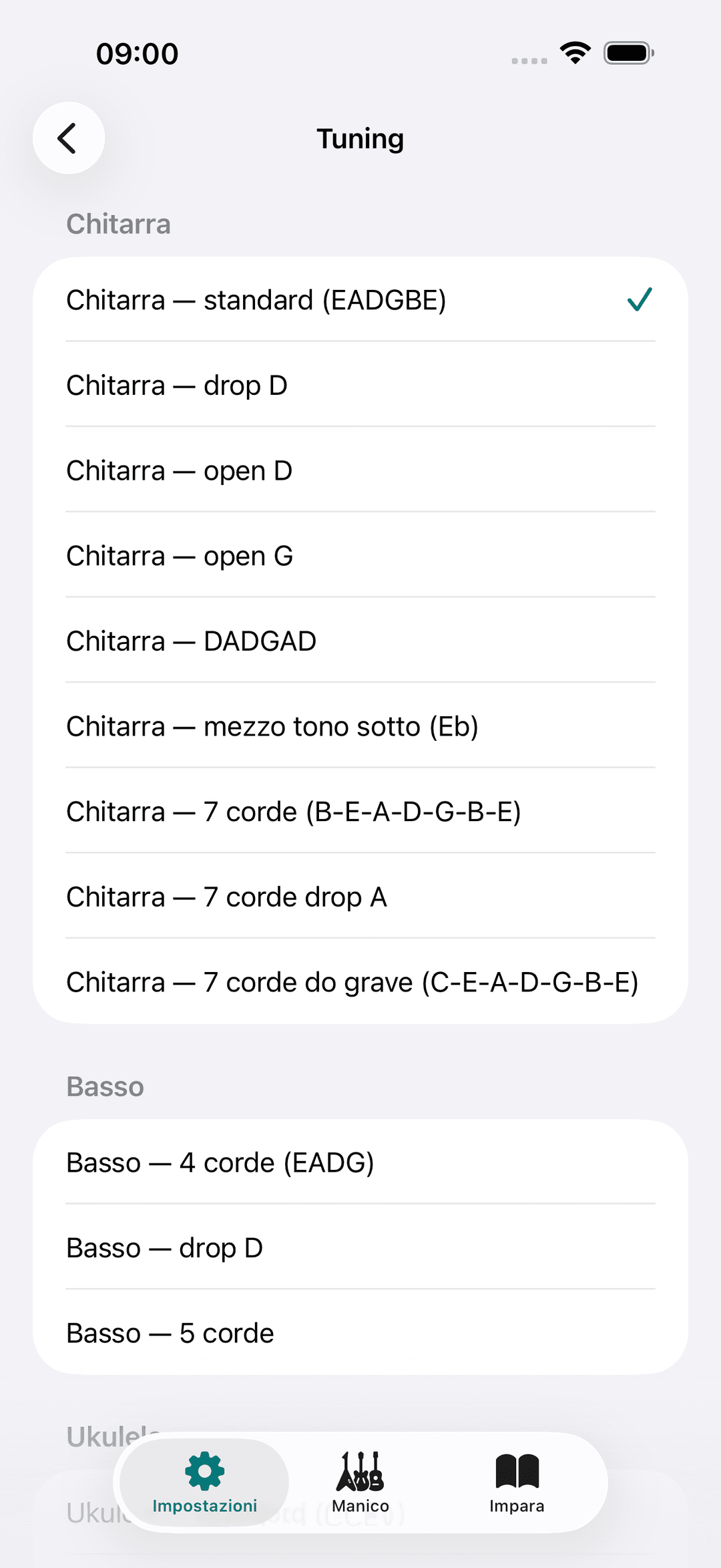 Screenshot dell'app Capo: Impostazioni Tuning