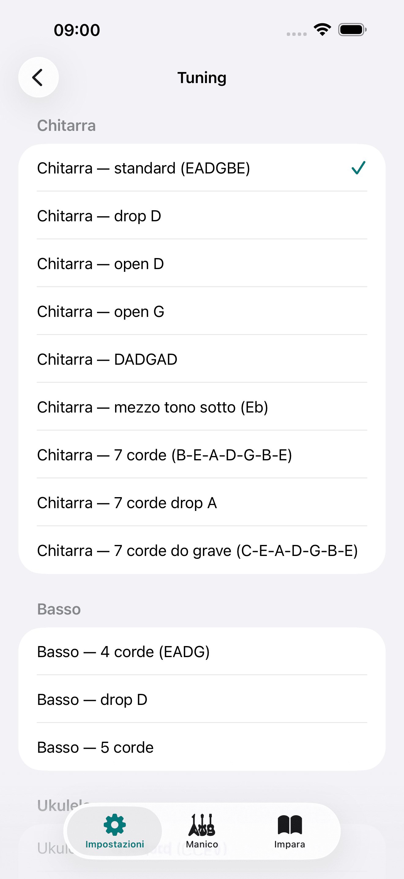 Screenshot dell'app Capo: Impostazioni Tuning