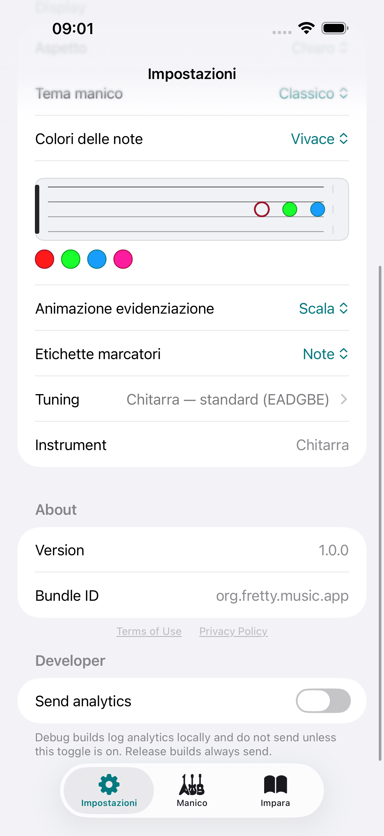 Screenshot dell'app Capo: Impostazioni About
