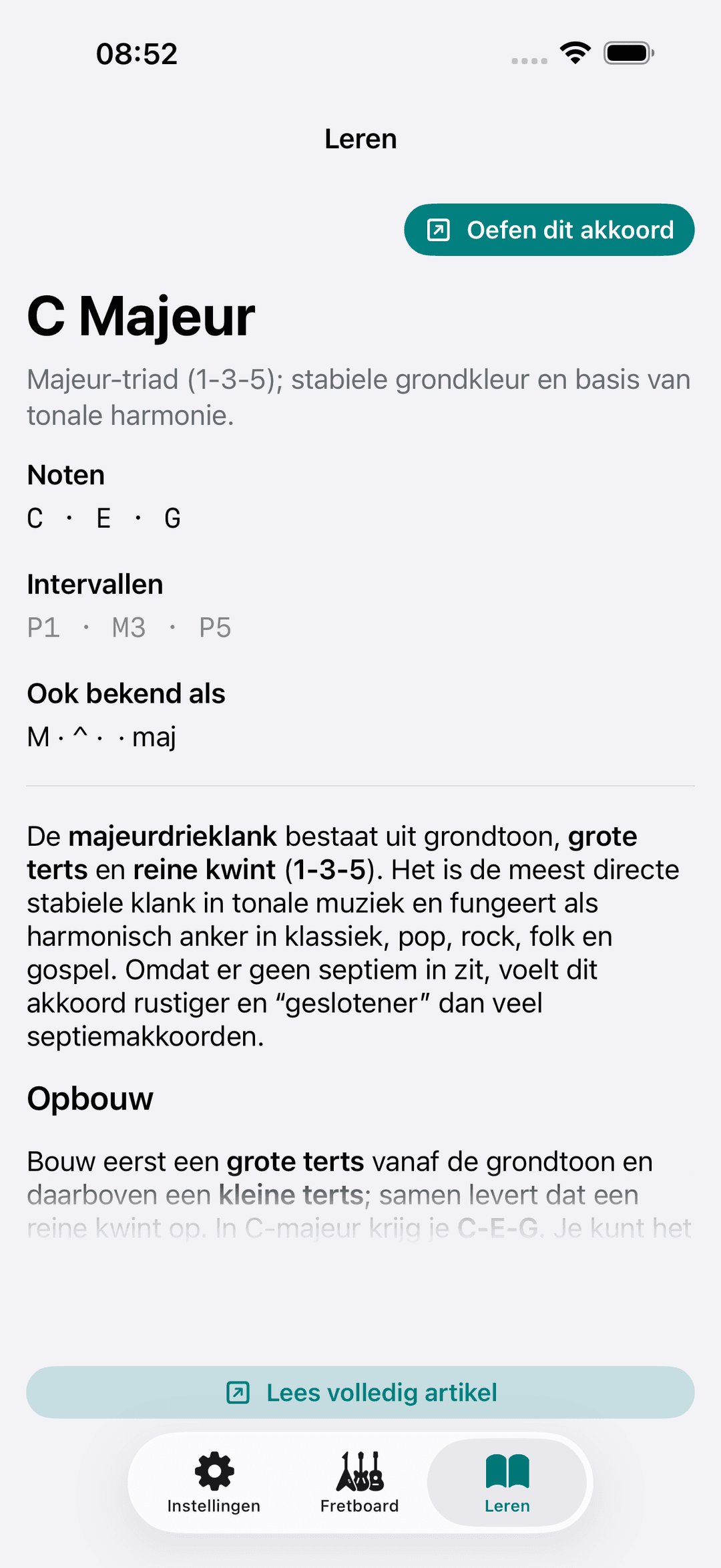 Capo-app screenshot: Leren Theorie