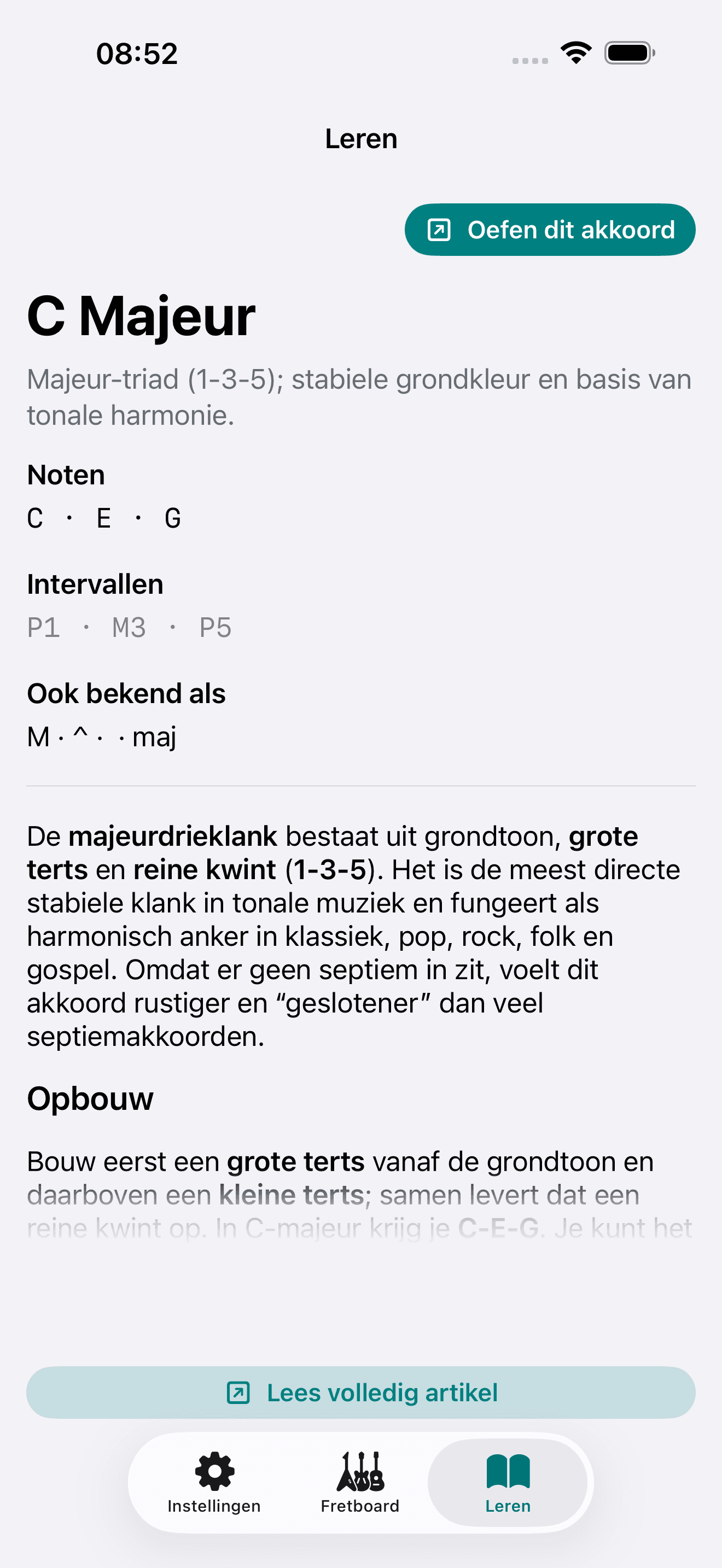 Capo-app screenshot: Leren Theorie