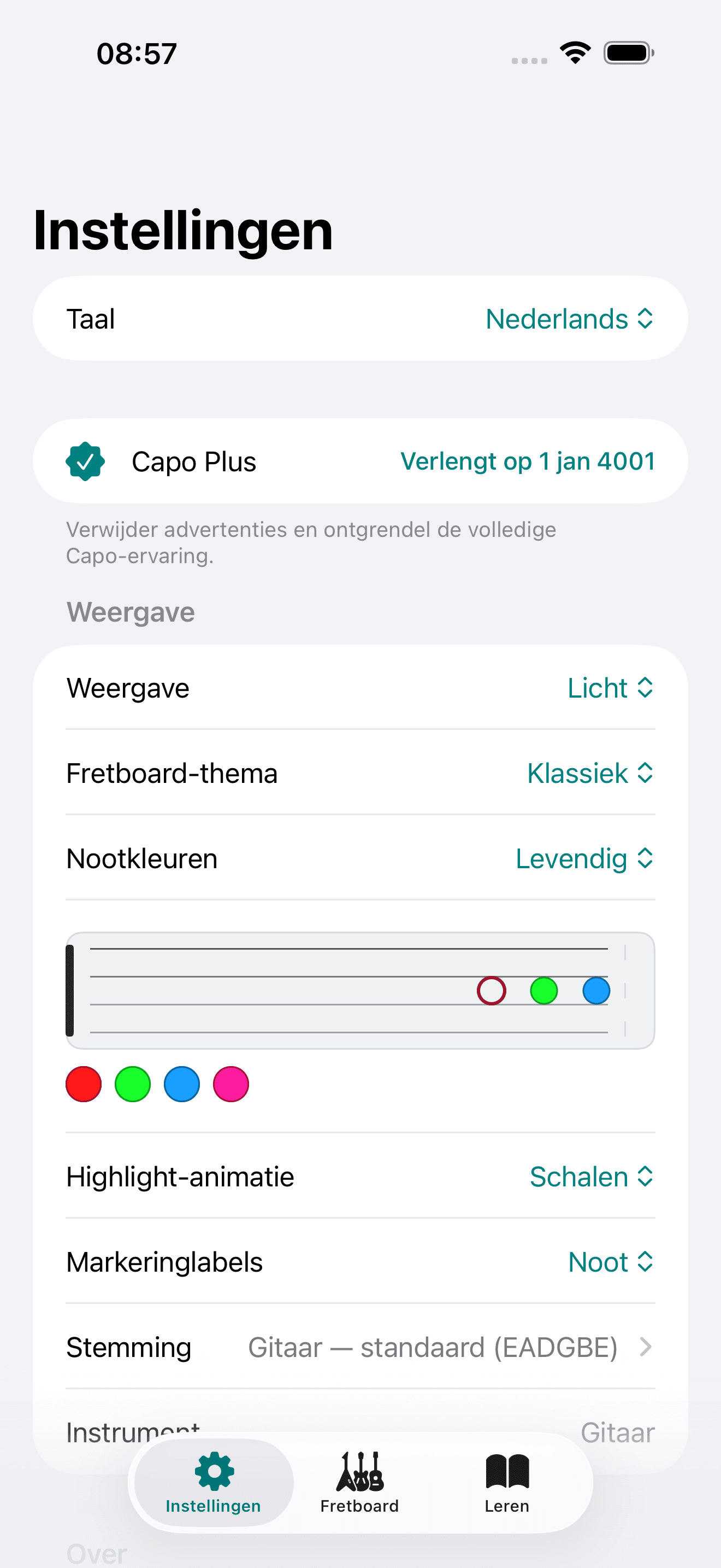 Capo-app screenshot: Instellingen