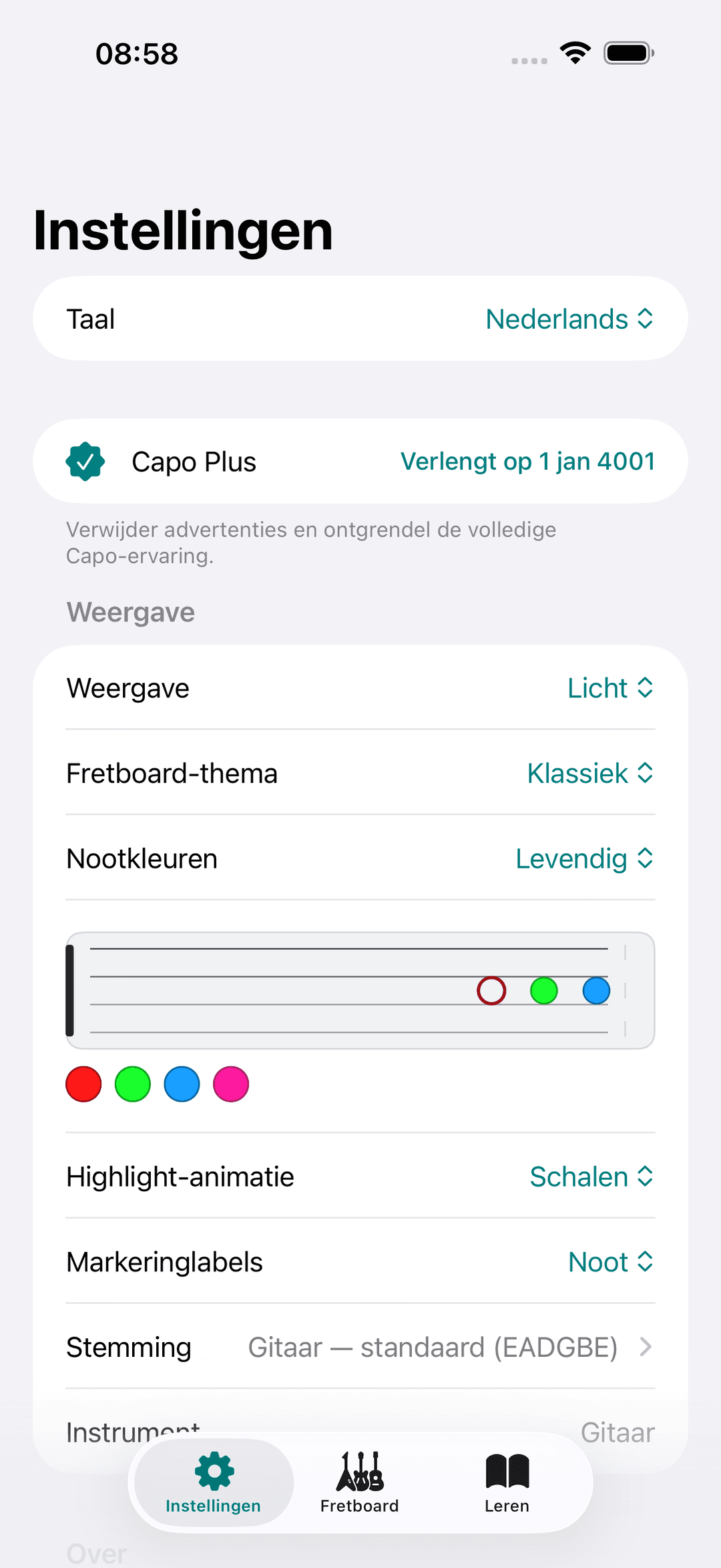 Capo-app screenshot: Instellingen Weergave