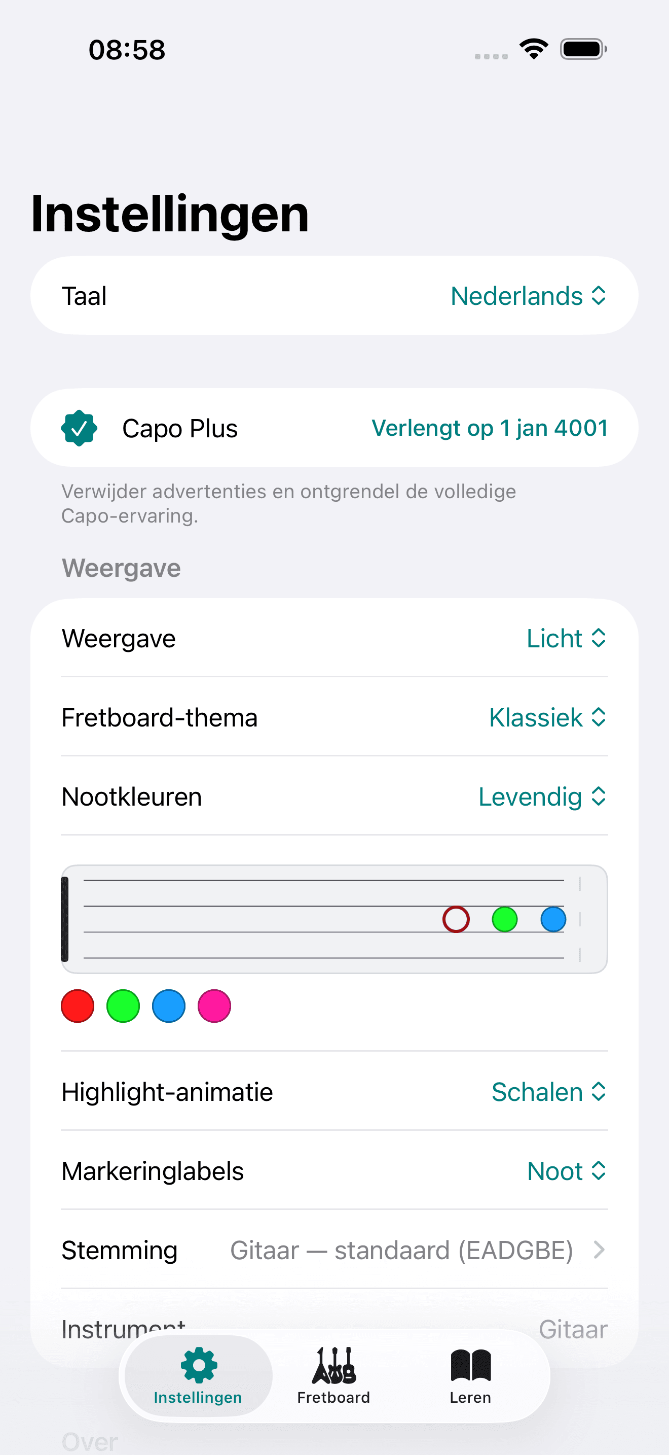 Capo-app screenshot: Instellingen Weergave