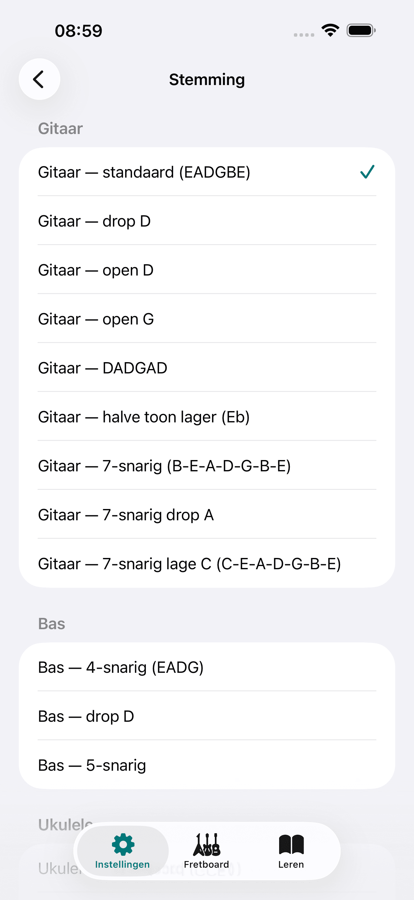 Capo-app screenshot: Instellingen Stemming