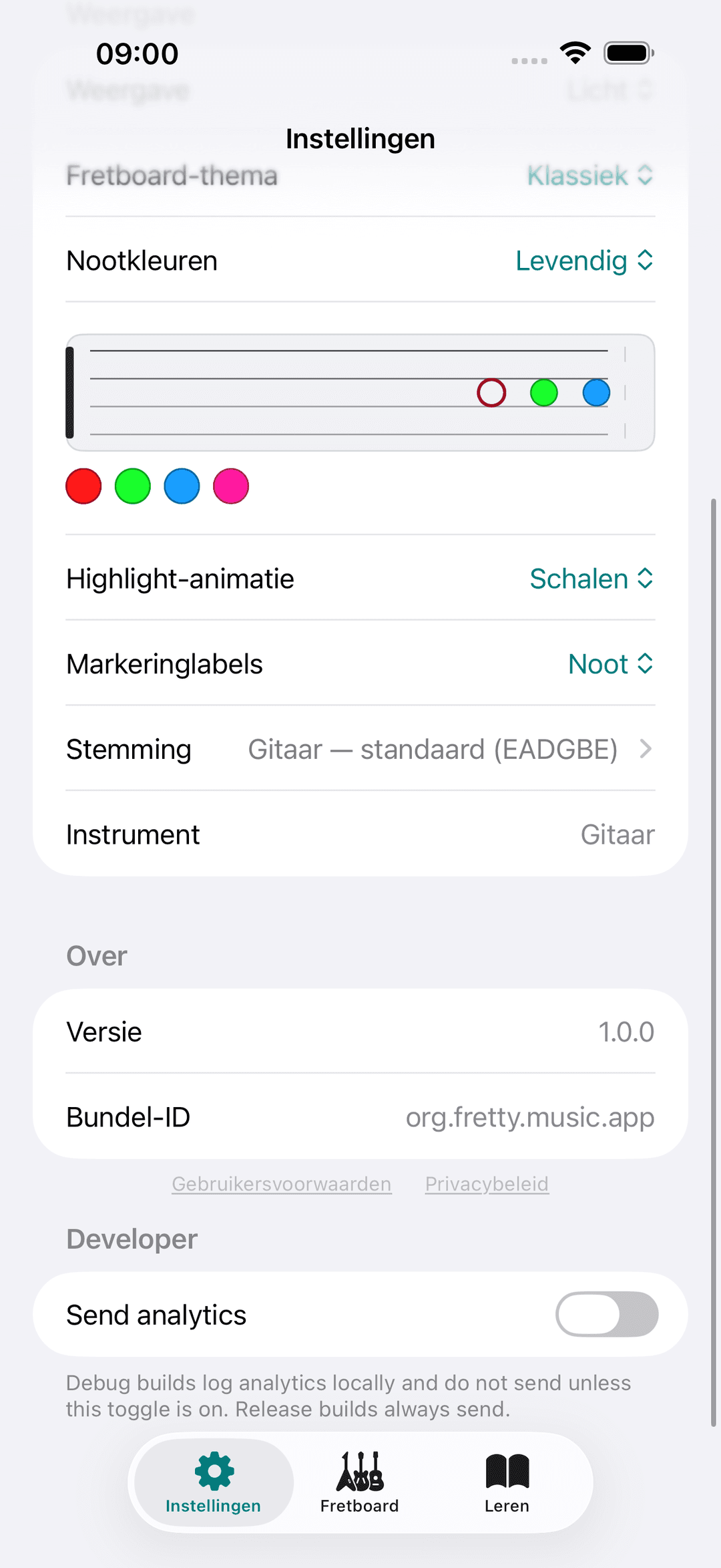 Capo-app screenshot: Instellingen Over