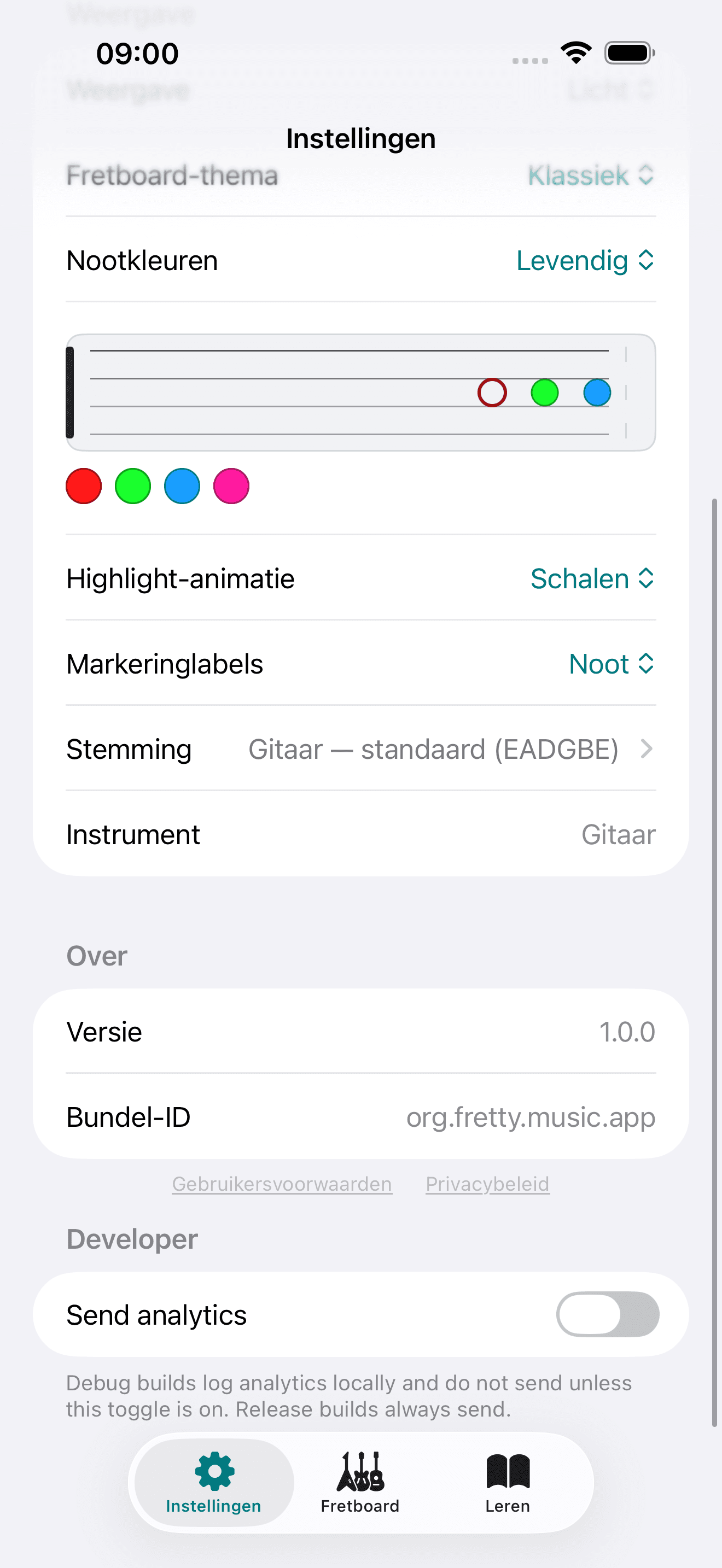 Capo-app screenshot: Instellingen Over