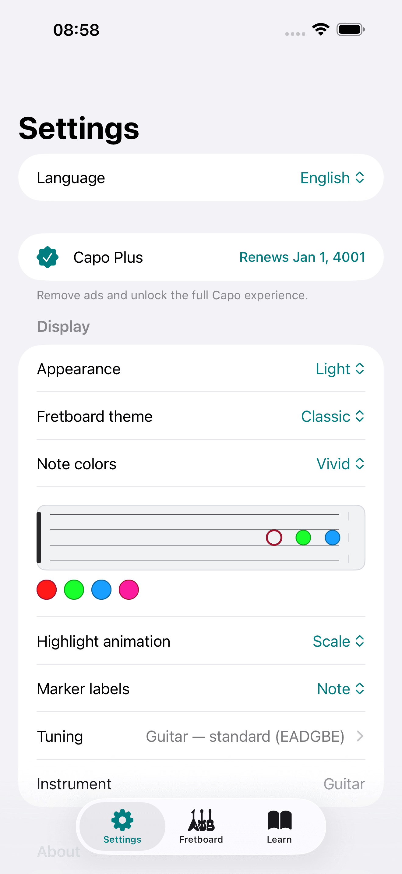 Capo app screenshot: Settings Display