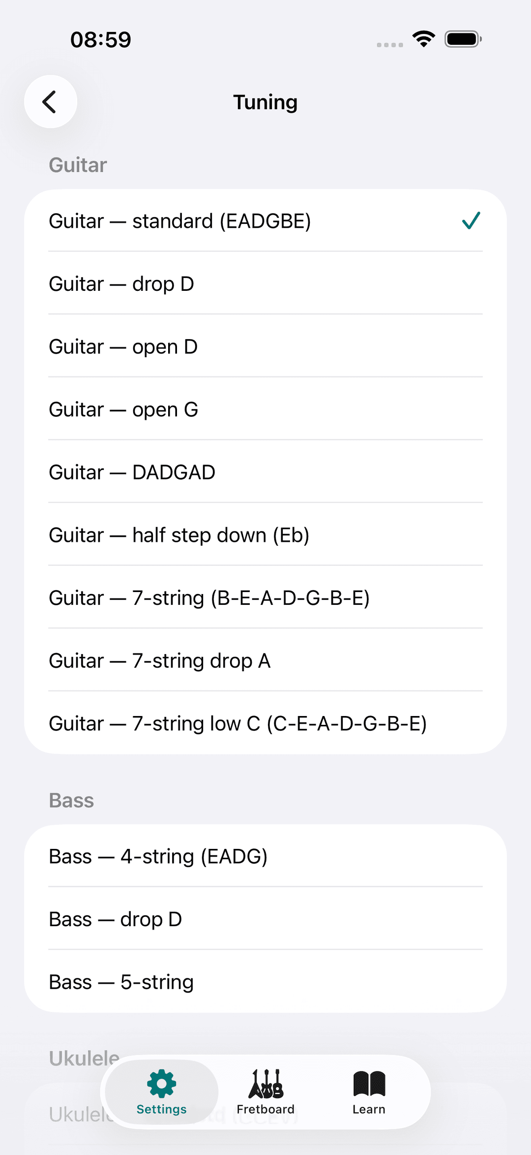 Capo app screenshot: Settings Tuning