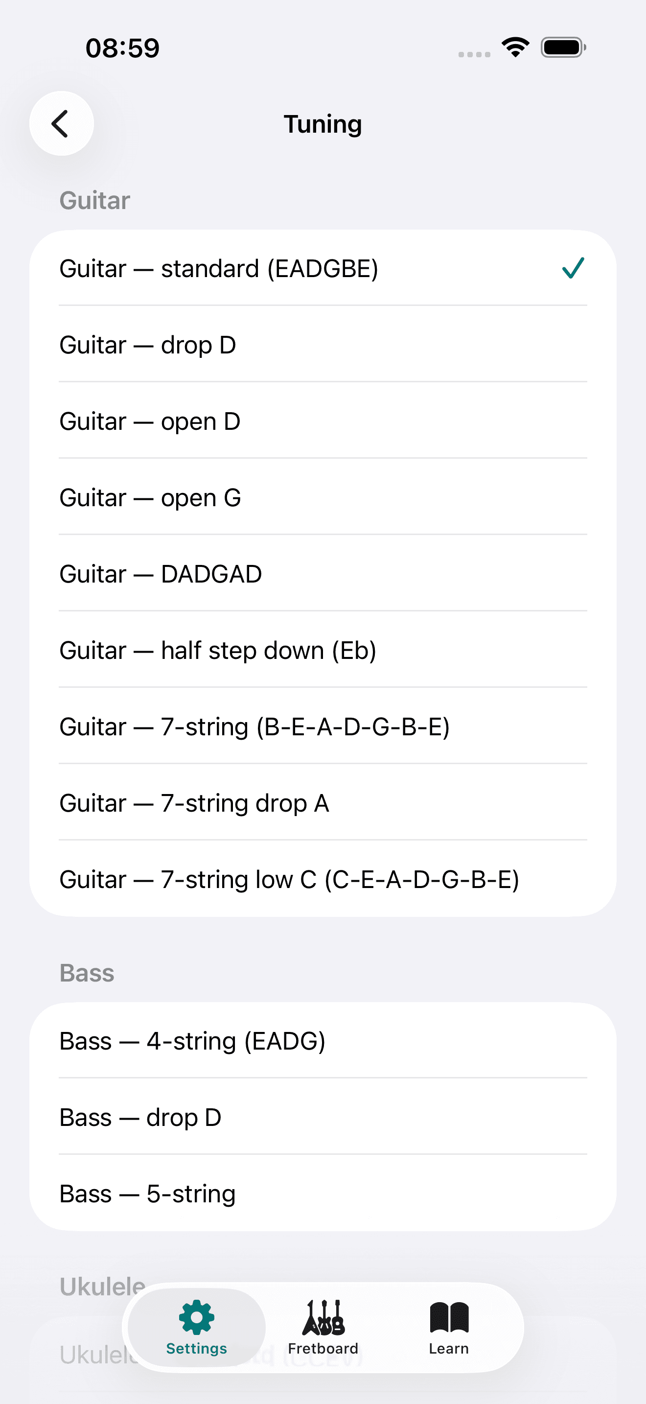 Capo app screenshot: Settings Tuning