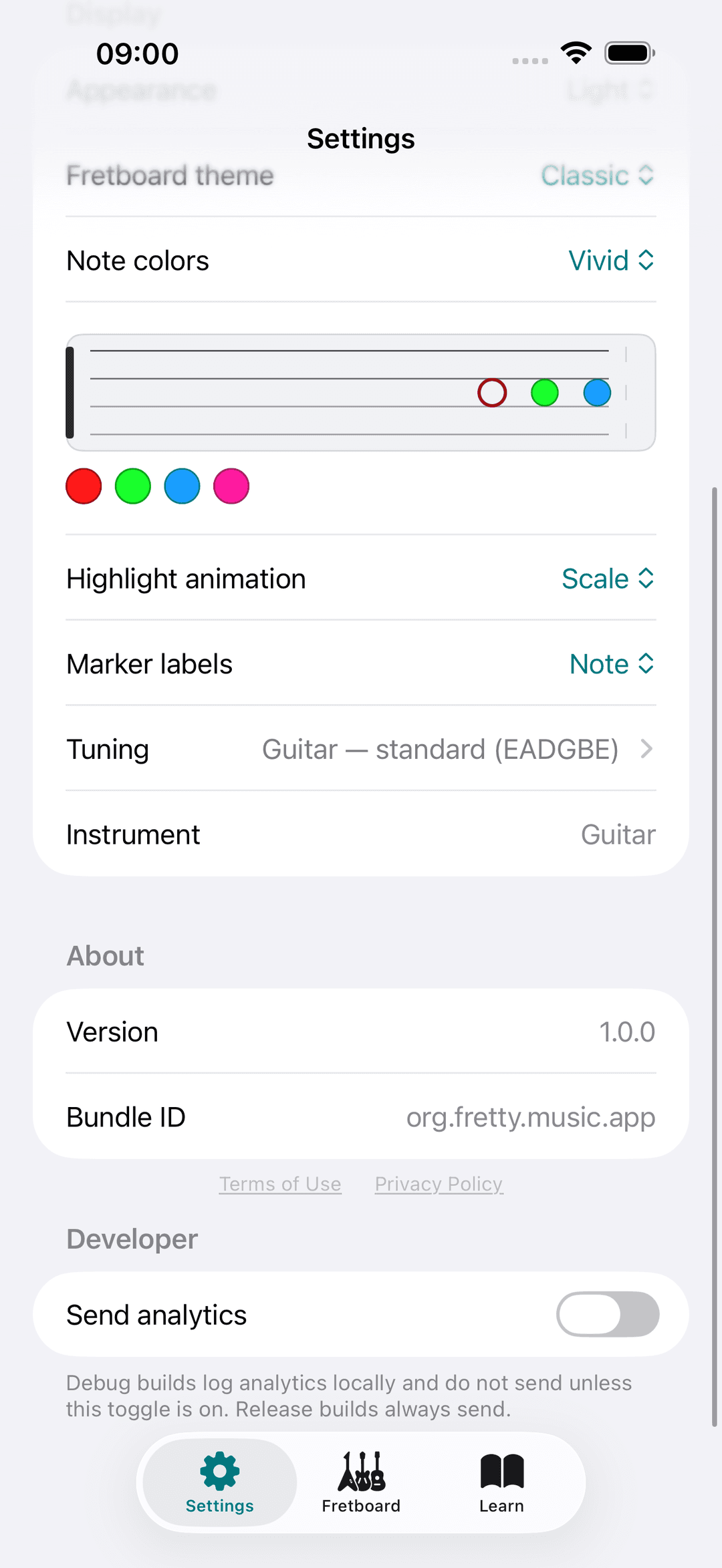 Capo app screenshot: Settings About