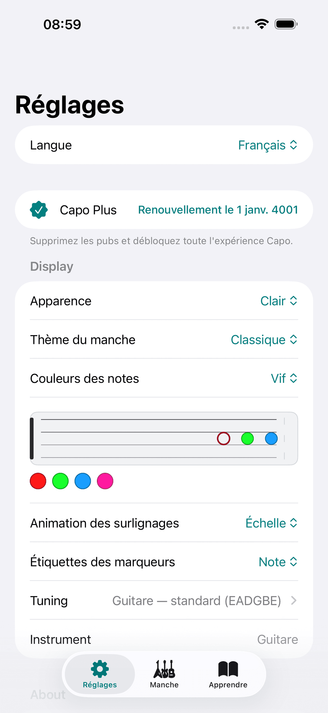 Capture d'écran Capo : Réglages Display