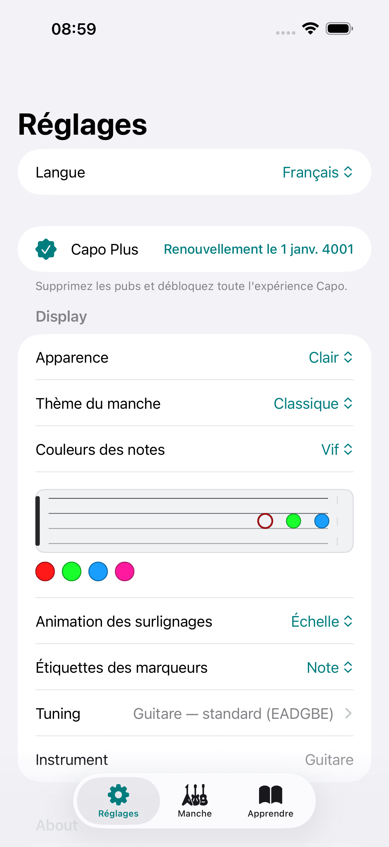 Capture d'écran Capo : Réglages Display