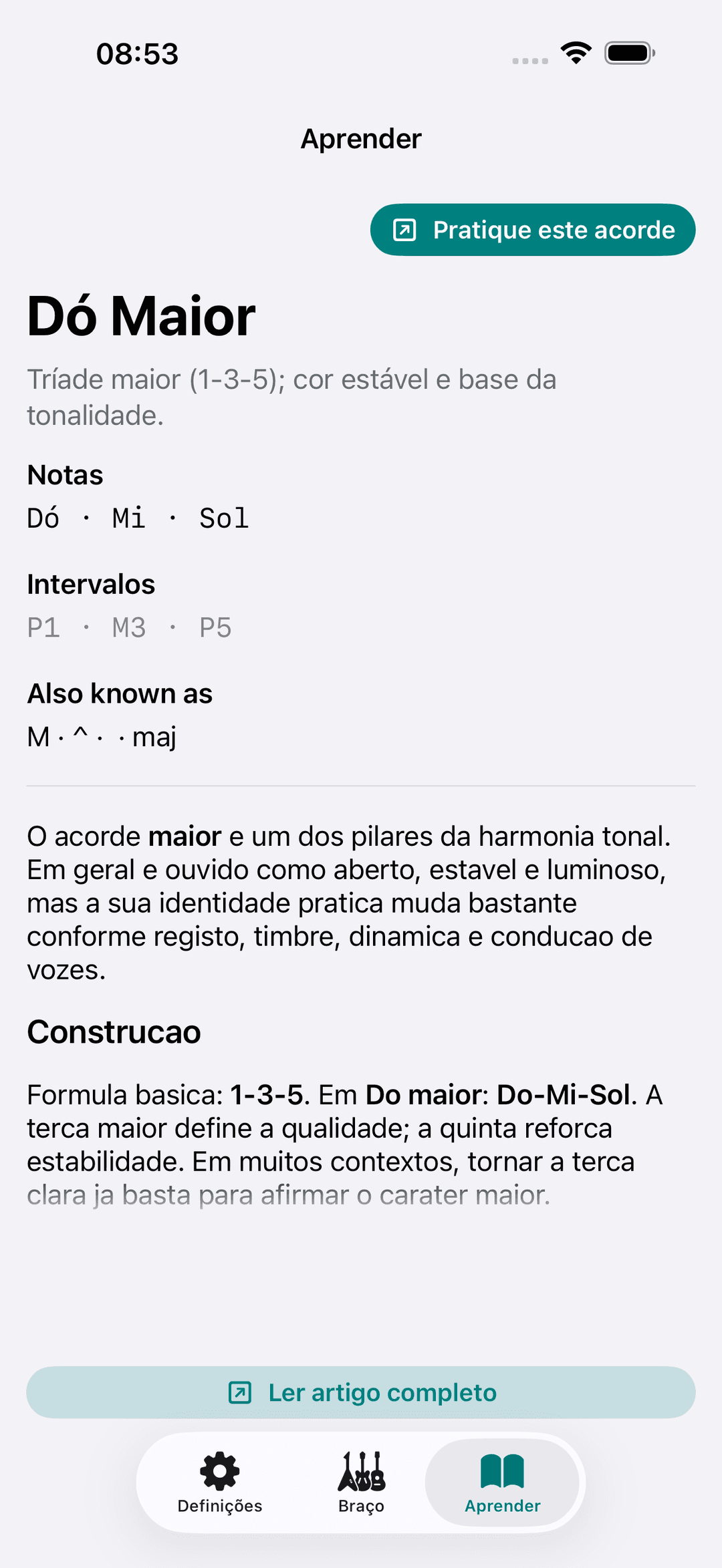 Captura de ecrã do Capo: Aprender Teoria