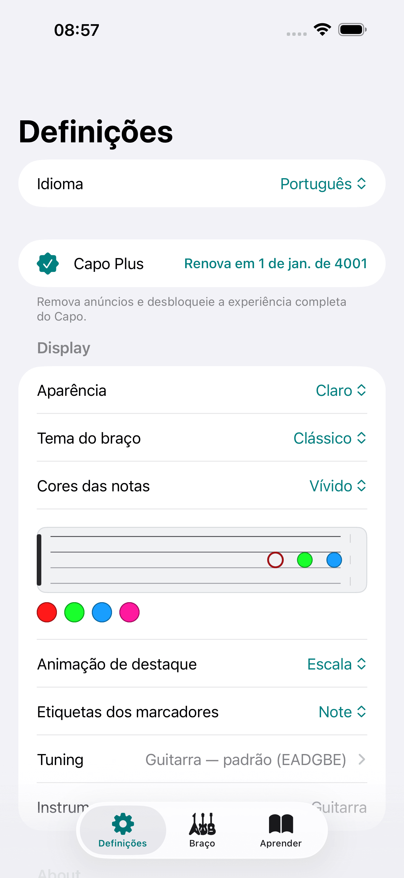 Captura de ecrã do Capo: Definições