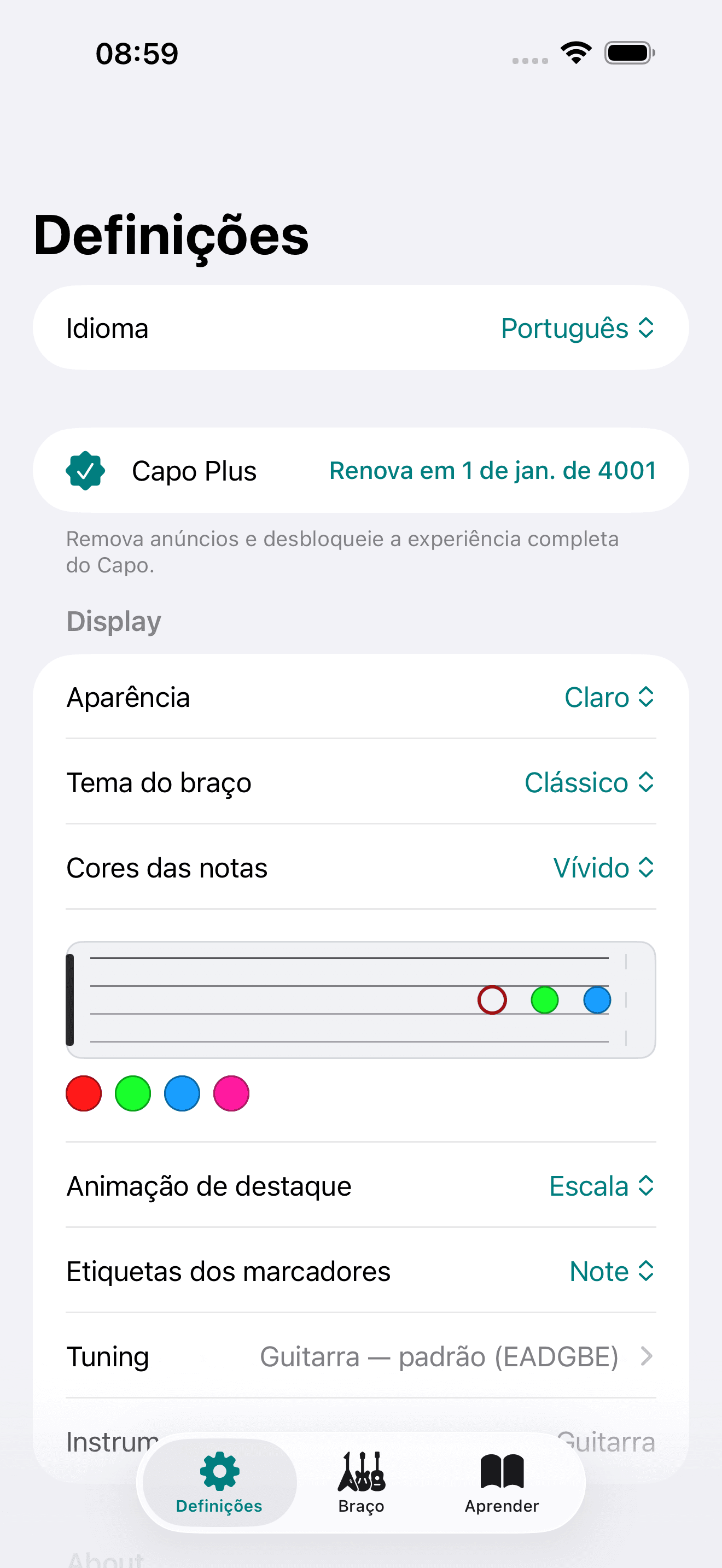 Captura de ecrã do Capo: Definições Display